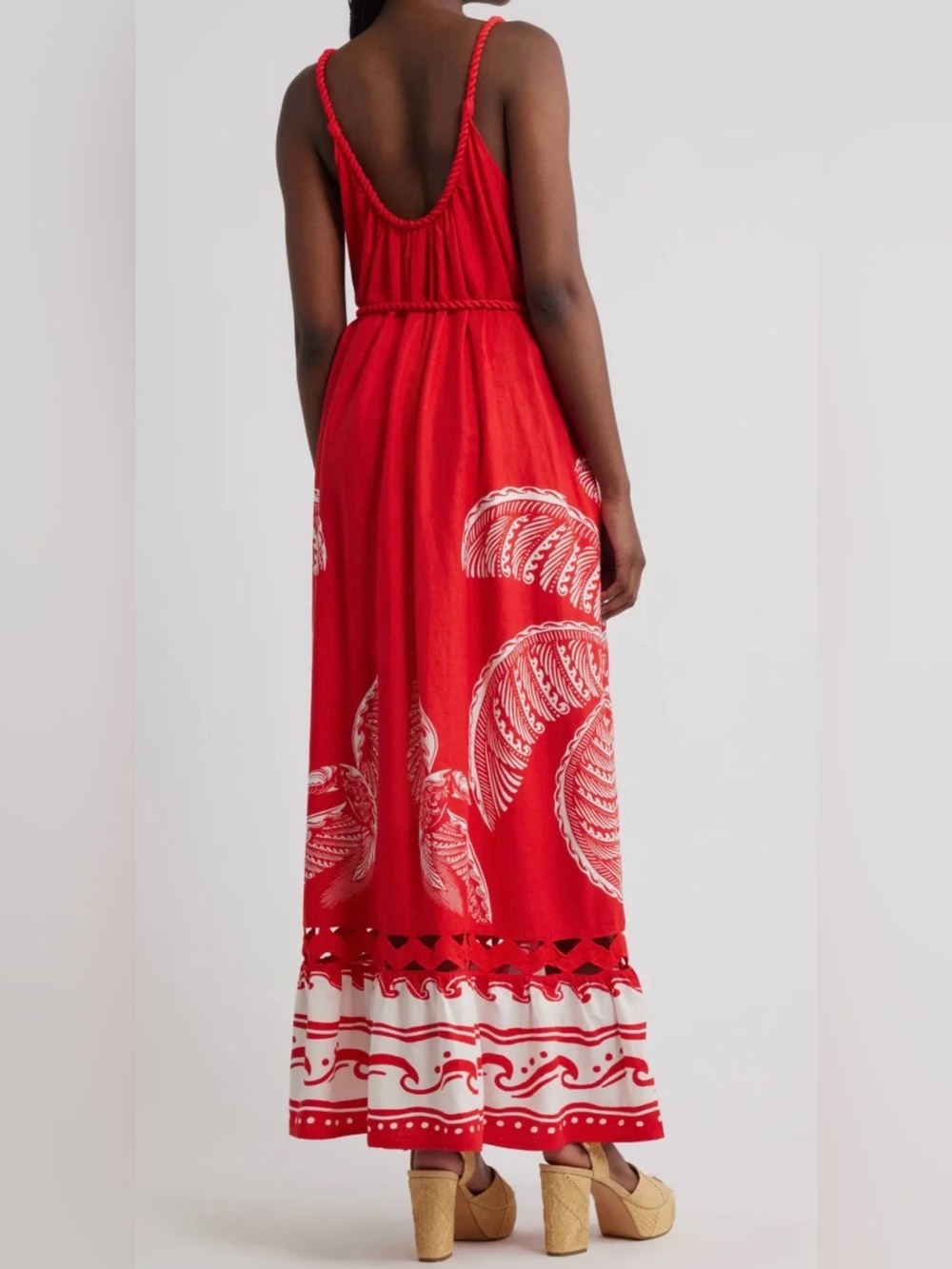 NWT Farm Rio Red Linen Blend Majestic Coconut Tree Maxi Dress Tropical Sz L - Picture 2 of 16